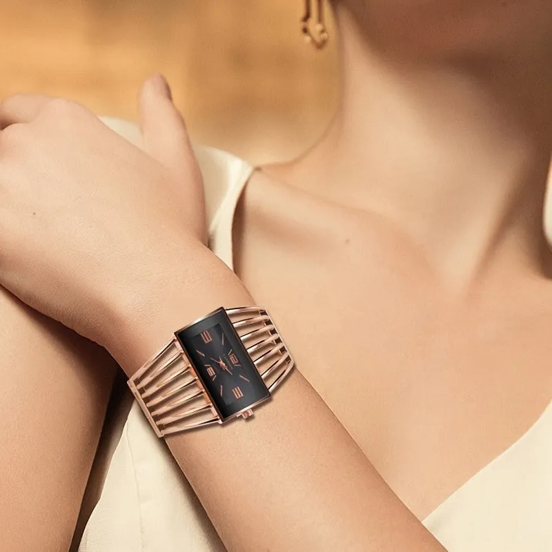 Women Luxury Cuff Bracelet Rectangular Dial Hollow Analog Quartz Wrist Watch For Ladies
