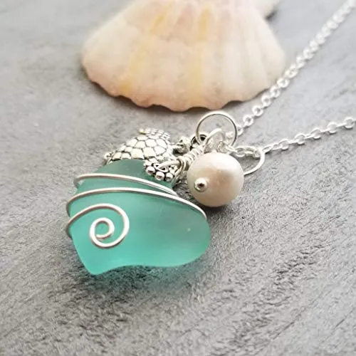 Yinahawaii Handmade Sea Glass Necklace, Hawaiian Jewelry for Women, Wire Heart Necklace Aquamarine Necklace, Pearl Turtle Necklace, Sea Glass Jewelry, Unique Birthday Gift For Women (March Birthstone)