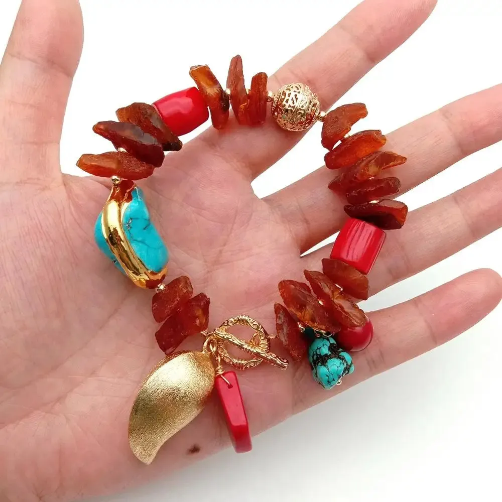 Y.YING Natural Amber Rough Blue Turquoise red coral charm bracelet 8'