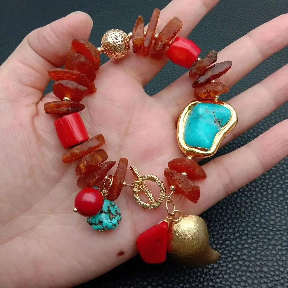 Y.YING Natural Amber Rough Blue Turquoise red coral charm bracelet 8'