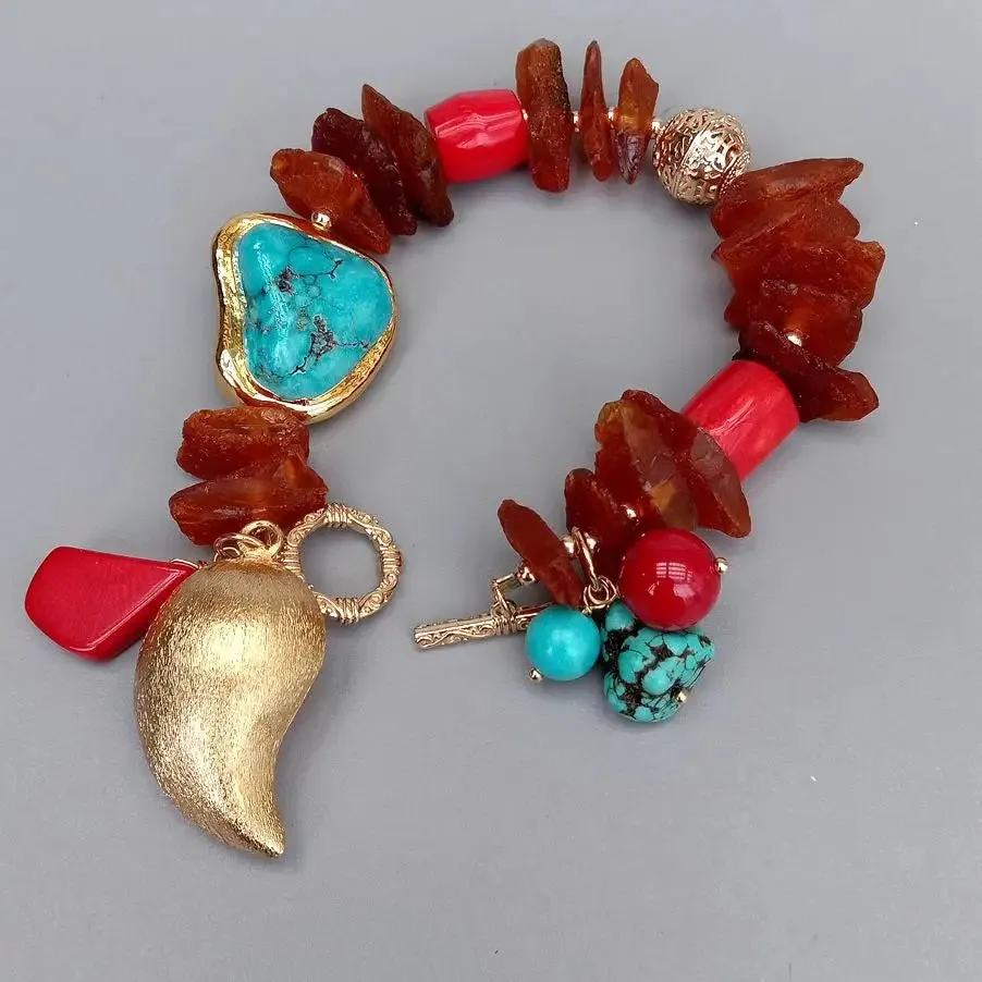 Y.YING Natural Amber Rough Blue Turquoise red coral charm bracelet 8'