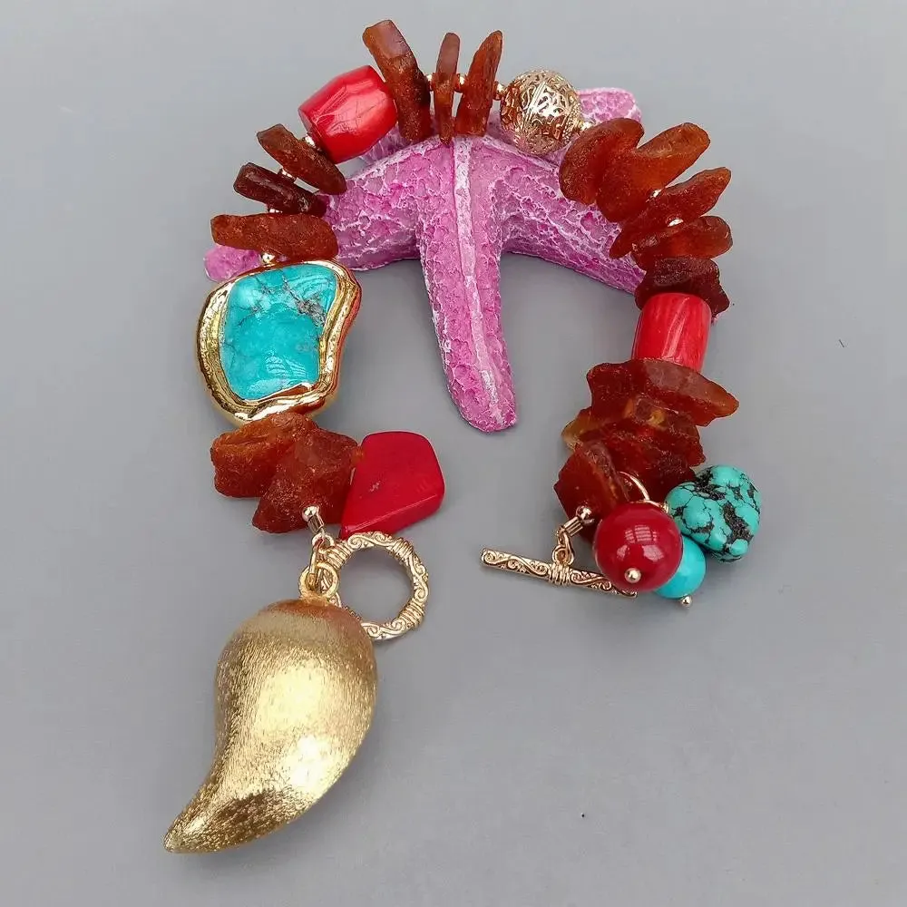 Y.YING Natural Amber Rough Blue Turquoise red coral charm bracelet 8'