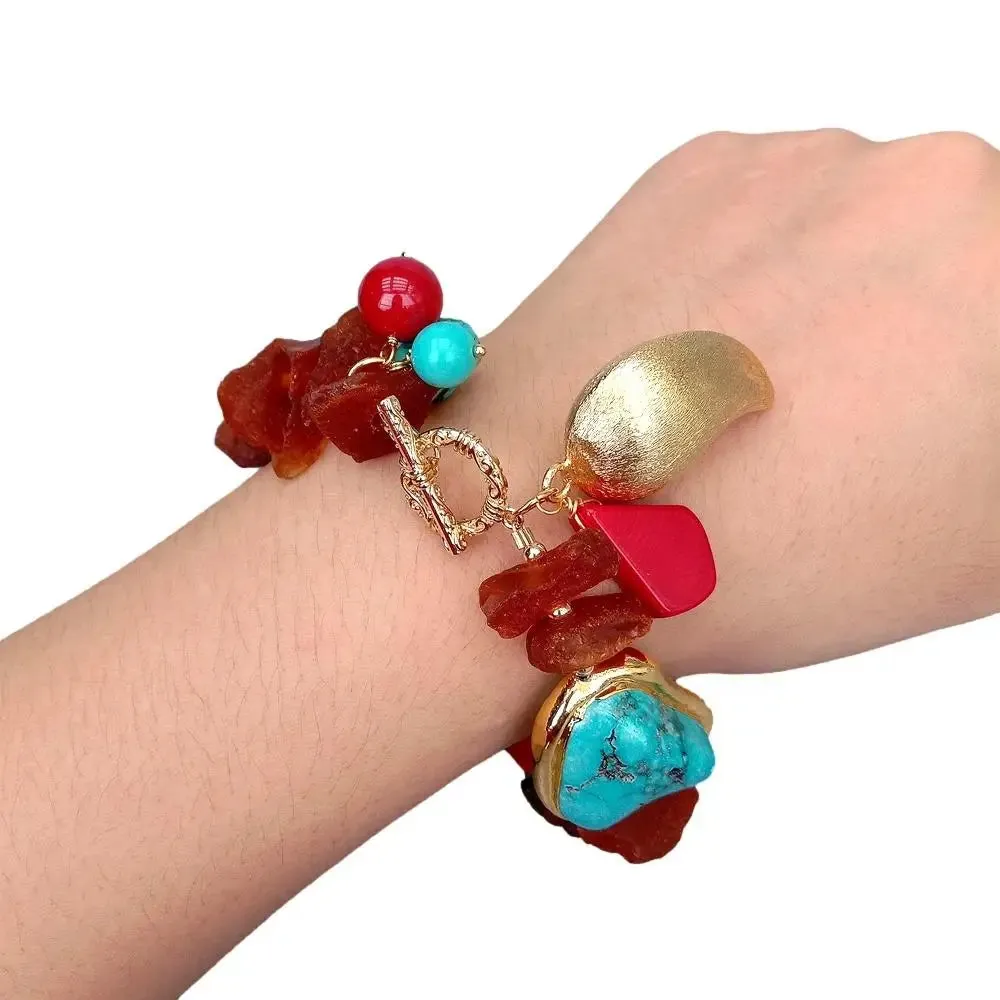 Y.YING Natural Amber Rough Blue Turquoise red coral charm bracelet 8'
